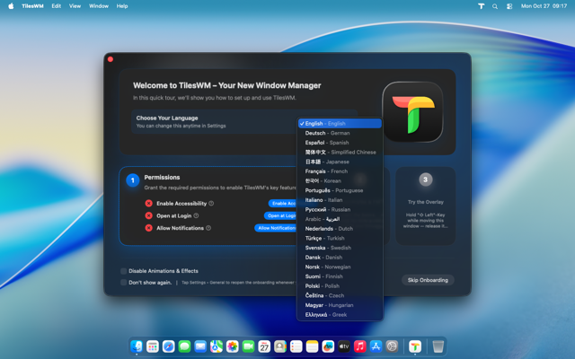 Language selection dialog
