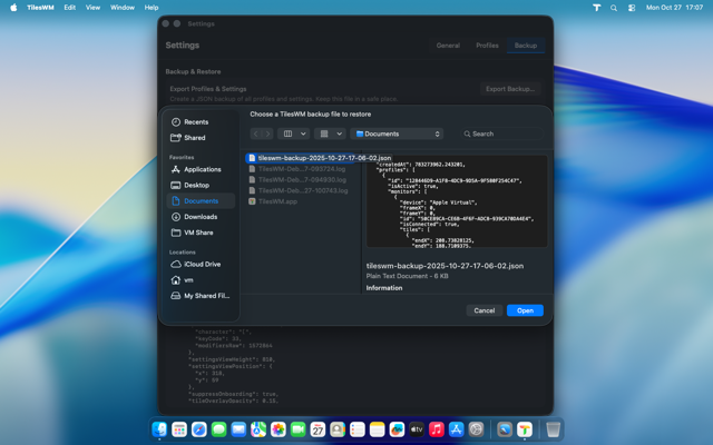 File dialog for selecting backup file