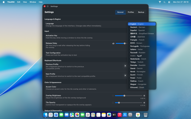 Language selection in settings